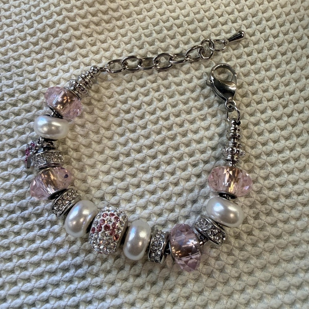 Pink Crystal Beaded Charm Bracelet Womens 8.5 Inch Ribbon Rhinestone Awareness